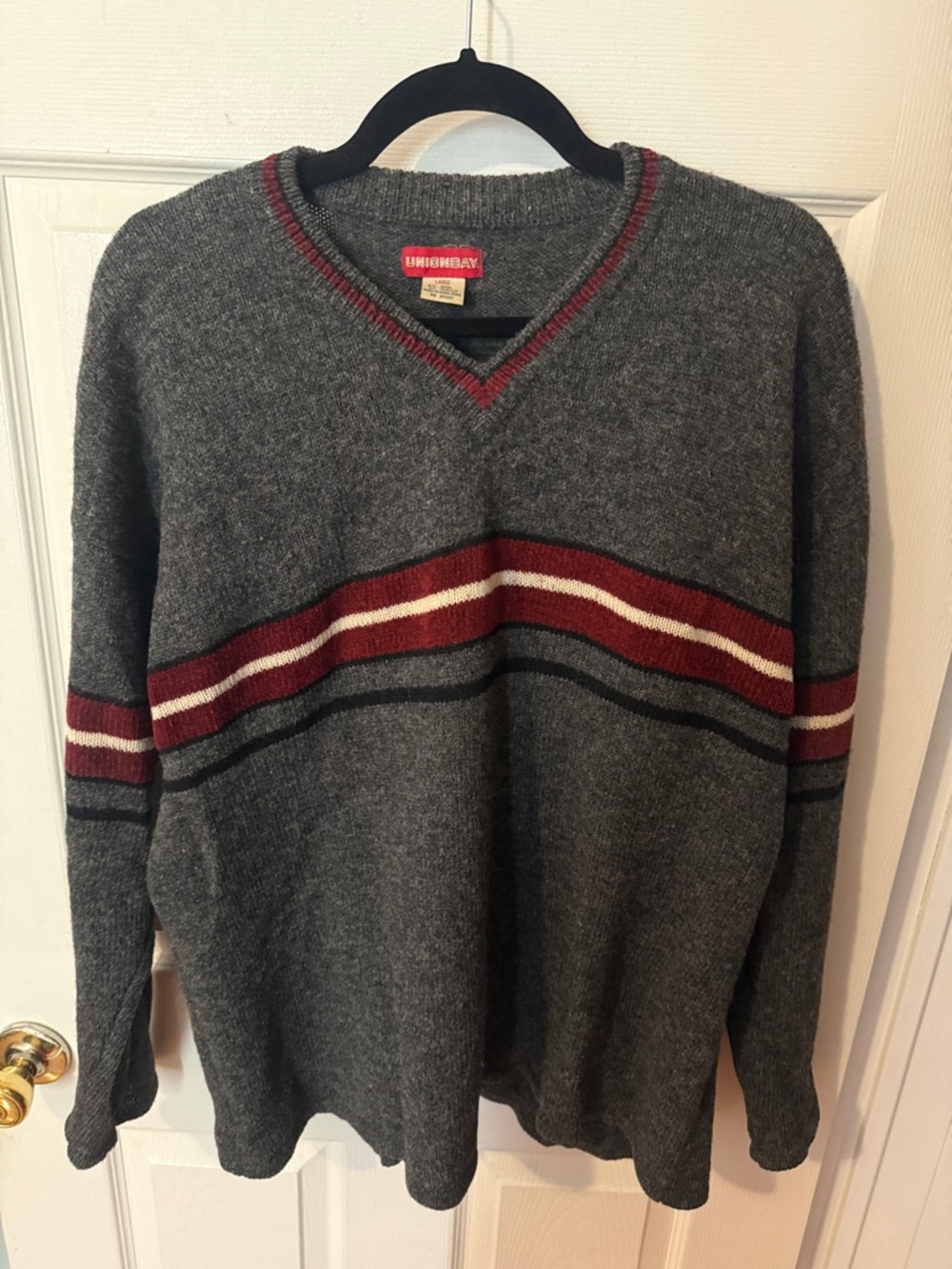Vintage 90s Unionbay Gray V-Neck Sweater with Burgundy and Cream Stripes